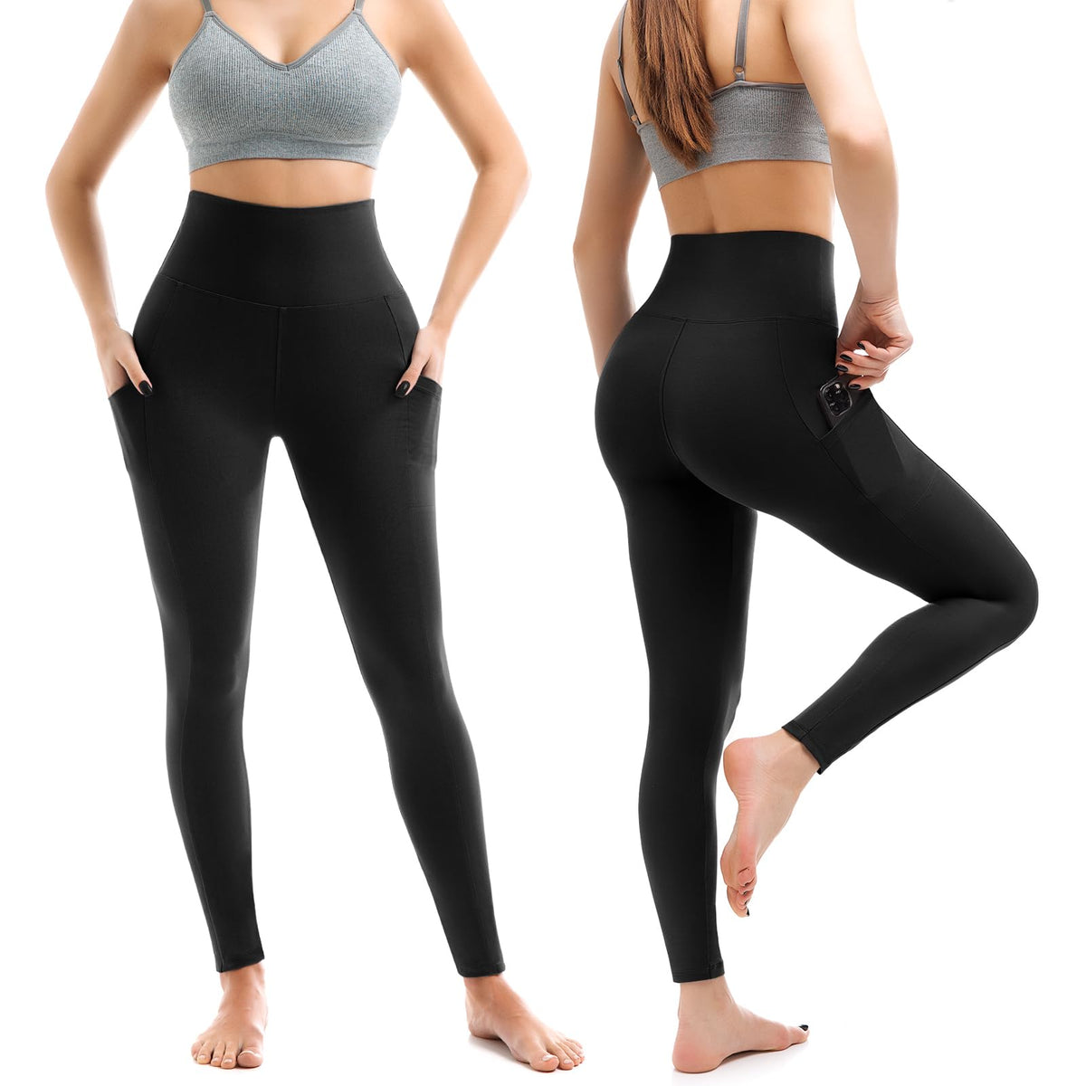 Leafigure 2 Packs Leggings with Pockets for Women, High Waisted Tummy Control Workout Leggings for Gym Black/Purple SM