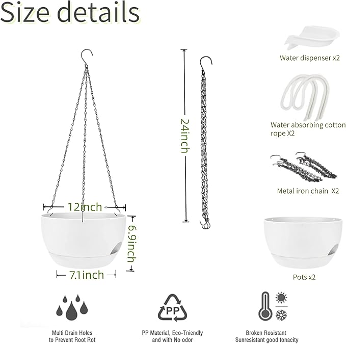 2 Pack Hanging Planters for Indoor Outdoor Plants, 12Inch Self Watering Hanging Pot with Drainage Holes and Saucer, Plastic Plant Pots, White Flower Pots for Kitchen, Balcony, Garden