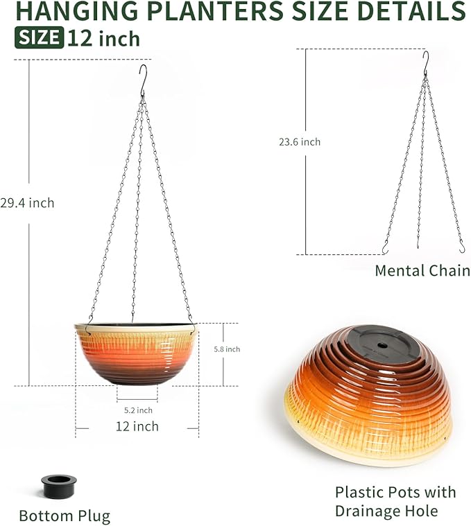 12 inch Large Hanging Planters for Indoor Outdoor Plants, Set of 2 Glazed Hanging Flower Pots with Drainage Hole, Hanging Baskets for Garden Home Porch Decor