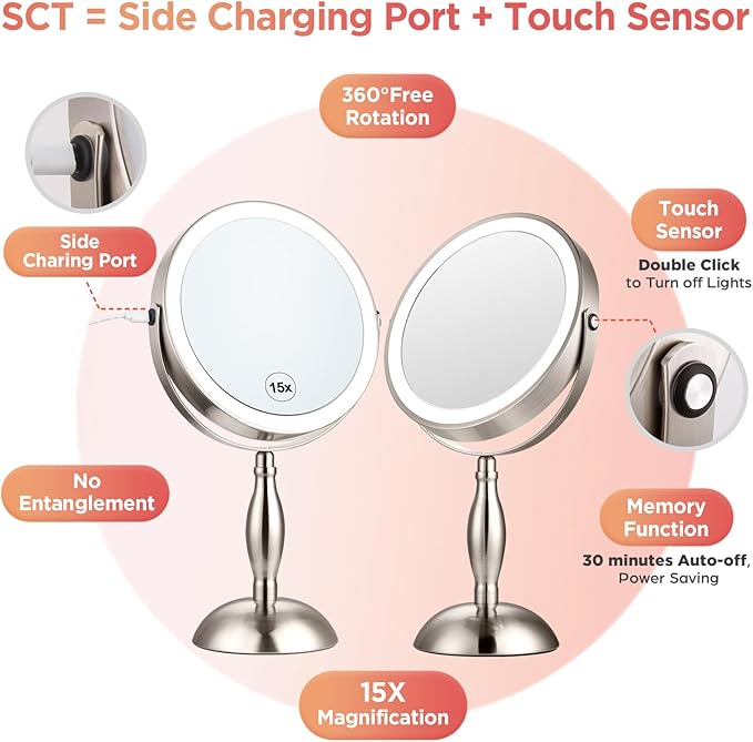 Lighted Makeup Mirror with Magnification, 15x Nickel Lights Makeup Mirror with 3 Colors, 360°Rotation Touch Screen & Rechargeable Double Sided, Brightness Adjustable, Type-C Charging Cable