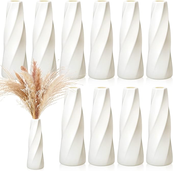 10 Pack Composite Plastic Flower Vases Bulk White Small Boho Floral Vases for Dried Flower Bouquet Pampas Grass Centerpieces Fall Wedding Party Living Room Decor(Retro)