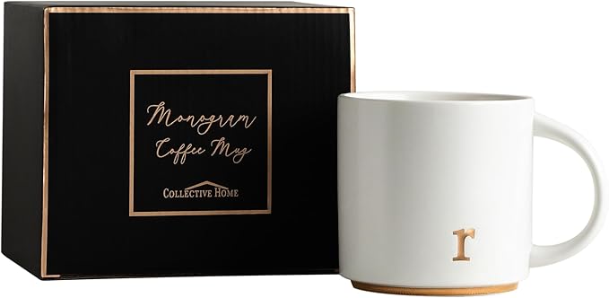 COLLECTIVE HOME - Monogram Ceramic Mugs, 15 oz Golden Initial Coffee Cups, Elegant Alphabet Tea Mugs, Elegant Personalized Mug with Gift Box, Luxurious Cups for Office and Home (r)