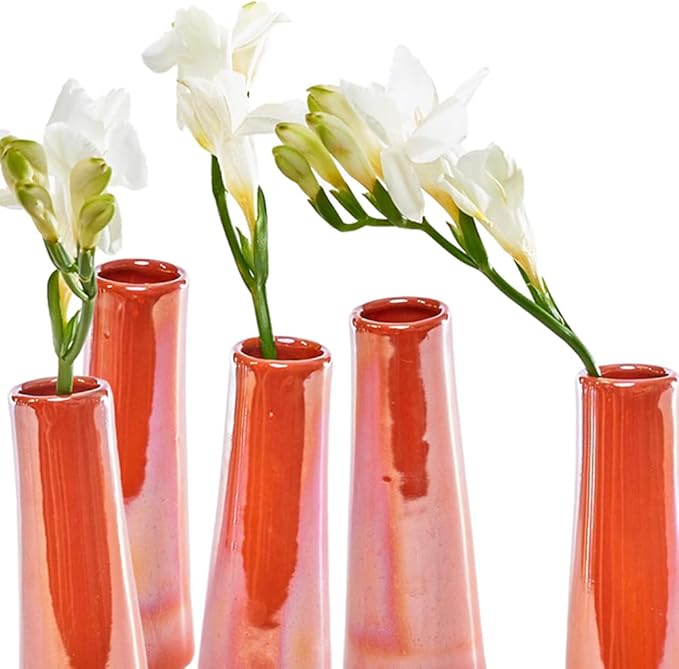 Chive - Set of 6 Galaxy, Small Cylinder Ceramic Bud Flower Vase, Unique Single Flower Decorative Floral Vase for Home Decor, Bulk (Orange)