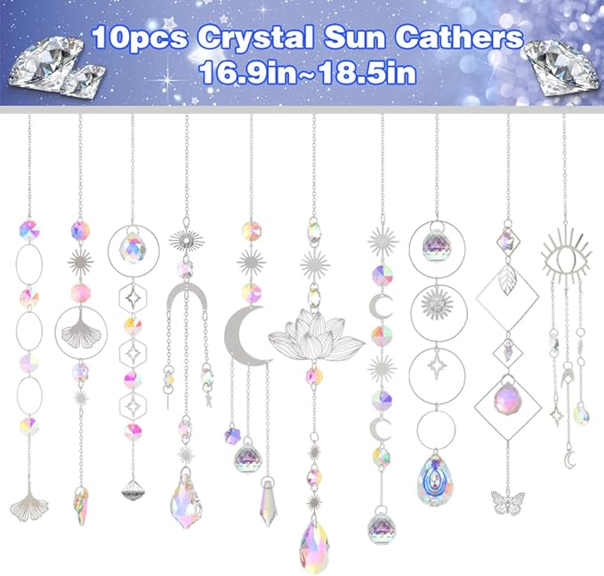 Sun Catchers, 10 Pcs Crystal Suncatcher Prism Hanging Kit with Chain Rainbow Maker Crystals Balls Pendants Ornaments for Indoor Window Outdoor Garden Backyard Patio Car Mirror Christmas Tree Decor