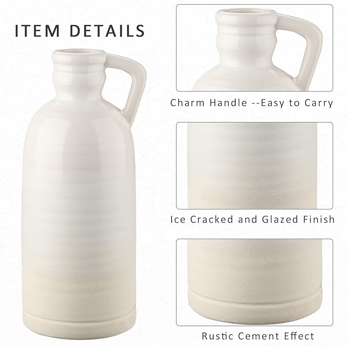 12.5" White Ceramic Vase for Home Decor Large Decorative Vase Boho Pottery Bud Vase for Flowers Rustic Farmhouse Tall Single Flower Vase for Centerpieces Pampas Grass