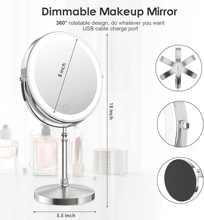 Lighted Makeup Mirror, 3000 mAh Rechargeable Double Sided Magnifying Vanity Mirror with 3 Colors, 1x/10x, 360° Rotation , Brightness Adjustable Magnification Cosmetic Light up Mirror, Women Gift