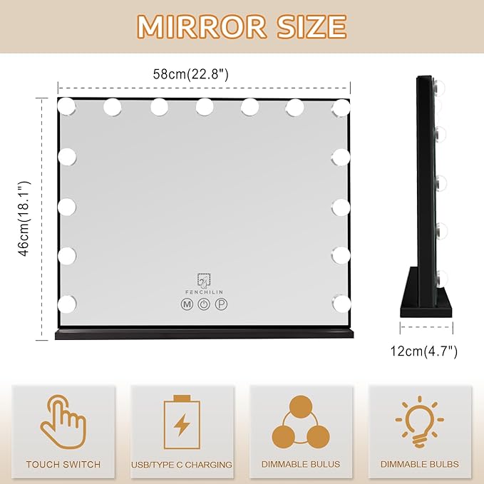 FENCHILIN Vanity Mirror with Lights,Hollywood Lighted Mirror with Dimmer Bulbs, Vanity Makeup Mirror Smart Touch Control (Black)