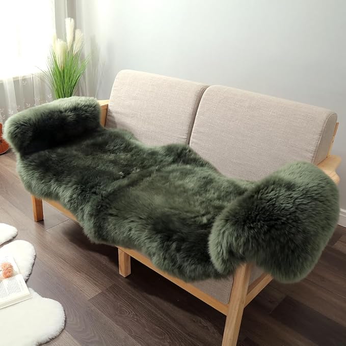 Premium Genuine Fur Sheepskin Rug Real Australia Sheepskin Natural Luxury Fluffy Lambskin Fur Area Rug Seat Covers for Kids Bedroom Sofa Chair Cover (Military Green, Double Pelt/2ft x 6ft)