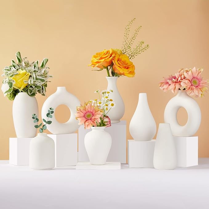 Ceramic Bud Vase Set of 8, Small Vase for Flowers, White Mini Bud Vase in Bulk for Centerpieces, Rustic White Ceramic Vase Set for Flowers, Room Décor, Wedding Party