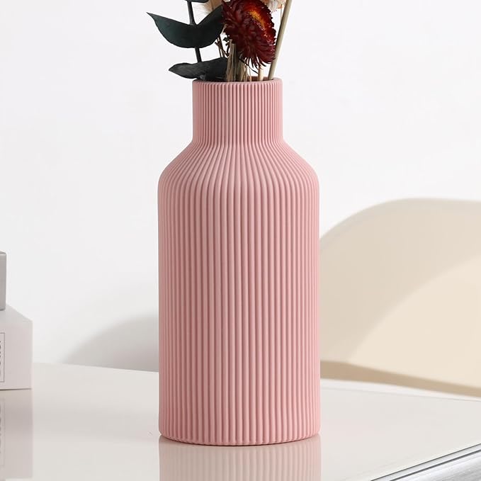 Pink Ceramic Vase for Decor,Minimalist Modern Home,Small Flower Vase for Pampas Grass,Table,Shelf Bookshelf Decor,Mantel and Entryway Decorative(8 in)
