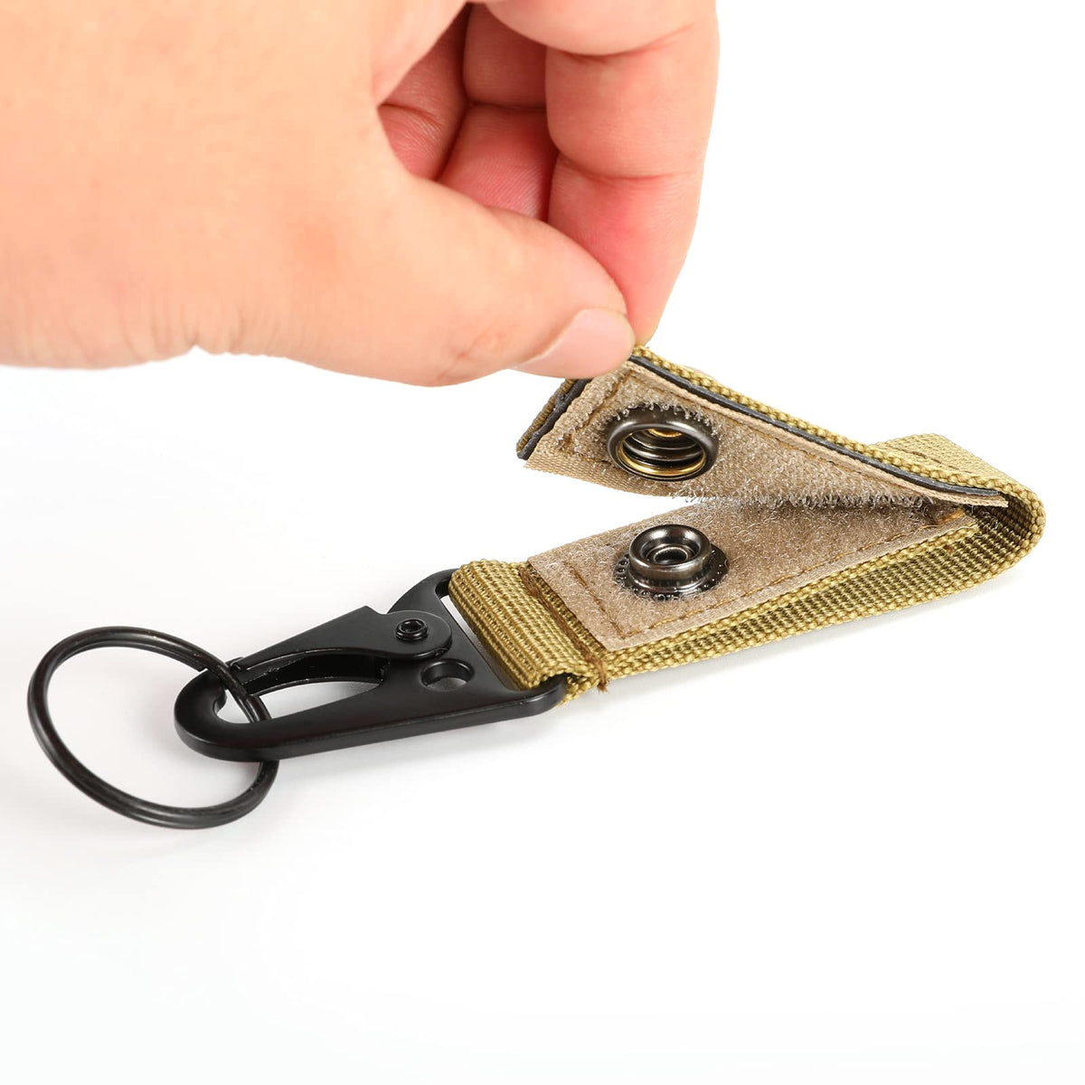 FRTKK Tactical Molle Key Ring Gear Key Keeper Nylon Belt Keychain Molle Webbing Key Clip Buckle for Belts Molle Bags Tactical Backpack Vest (Tan - (Pack of 2))