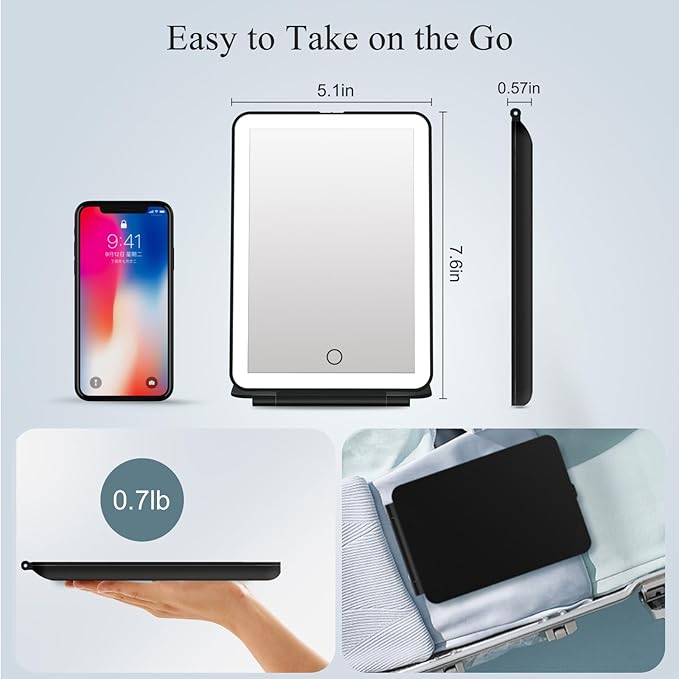 FUNTOUCH Rechargeable Travel Makeup Mirror with 72 Led Lights, Portable Lighted Beauty Mirror, 3 Color Lighting, Dimmable Touch Screen, Tabletop LED Folding Cosmetic Vanity Mirror