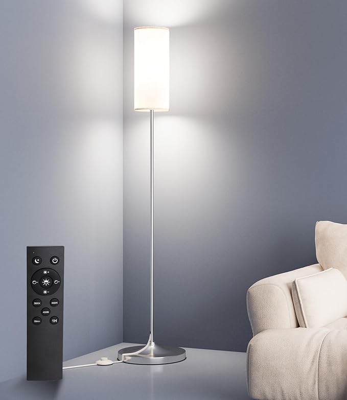 luckystyle LED Floor Lamp for Living Room, Dimmable Standing Lamps with Foot Switch,Remote Custom Color Temperature Silver Pole Lamp with Lampshade,12W Led Bulb Tall Lamps for Bedroom Office Kid Room