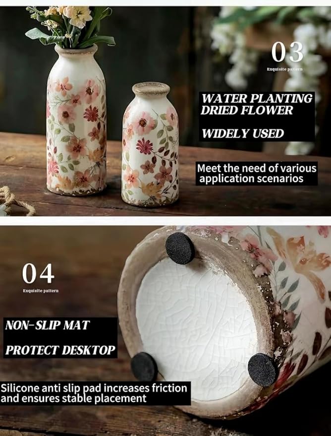 Vintage Flora Ceramic Vase Set, Retro Rustic Cute Vase Gift, Art Decorative Vase for Your Home, Kitchen, Bedroom, Office, Living Room, Bathroom, & Shelf Centerpiece Table Decorations