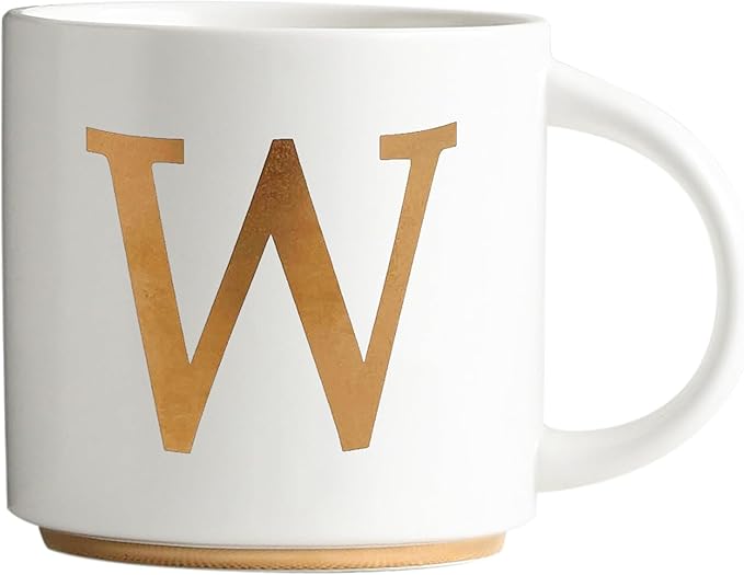 COLLECTIVE HOME - Monogram Ceramic Mugs, 15 oz Golden Initial Coffee Cups, Elegant Alphabet Tea Mugs, Elegant Personalized Mug with Gift Box, Unique Mug with Double Side Capital Letter (W)