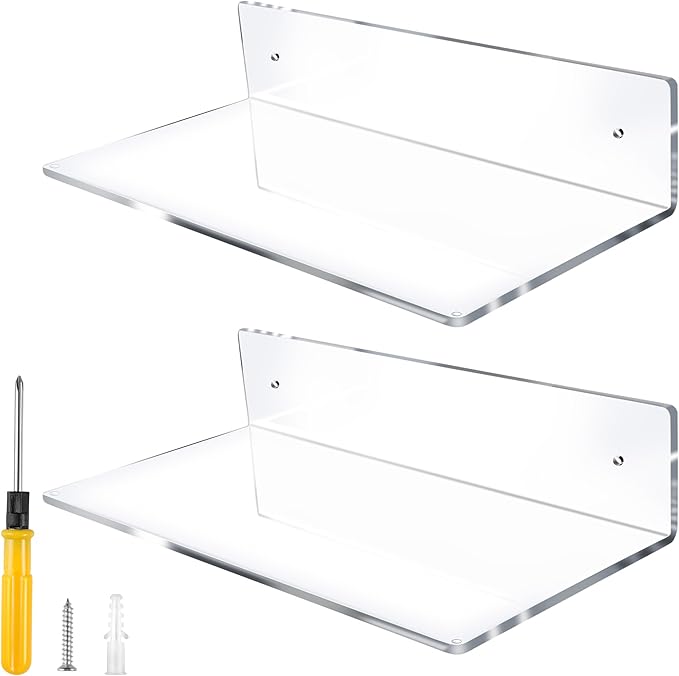 Jansburg 12 Inch L-Shaped Acrylic Floating Shelf Wall Mounted Shelves Invisible 5MM Thick Shelf for Wall Storage Clear Shelves for Makeup Photo Picture Book Record Display 2 Pack