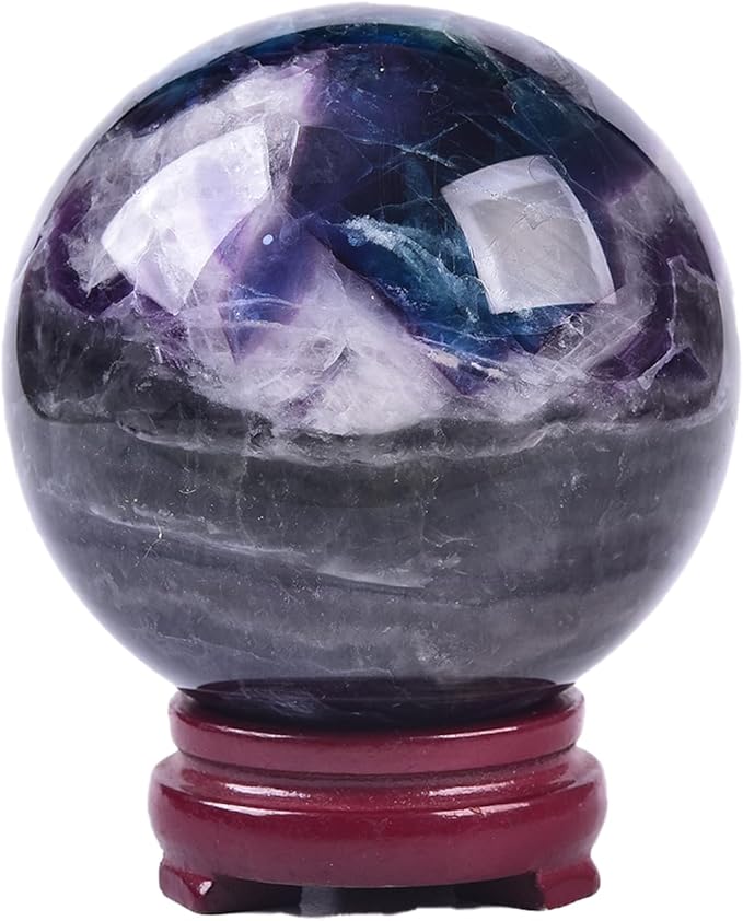 JIC Gem Natural Colorful Fluorite Crystal Sphere with Wooden Stand,Decorative Crystal Ball Fluorite Gemstone Sphere for Meditation,Feng Shui,Witch-Style Decor,Table 80-90mm