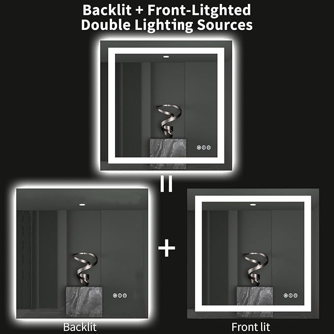 LOAAO 40"X38" LED Bathroom Mirror with Lights, Anti-Fog, Dimmable, Backlit + Front Lit, Lighted Bathroom Vanity Mirror for Wall, Memory Function, Tempered Glass, ETL Listed