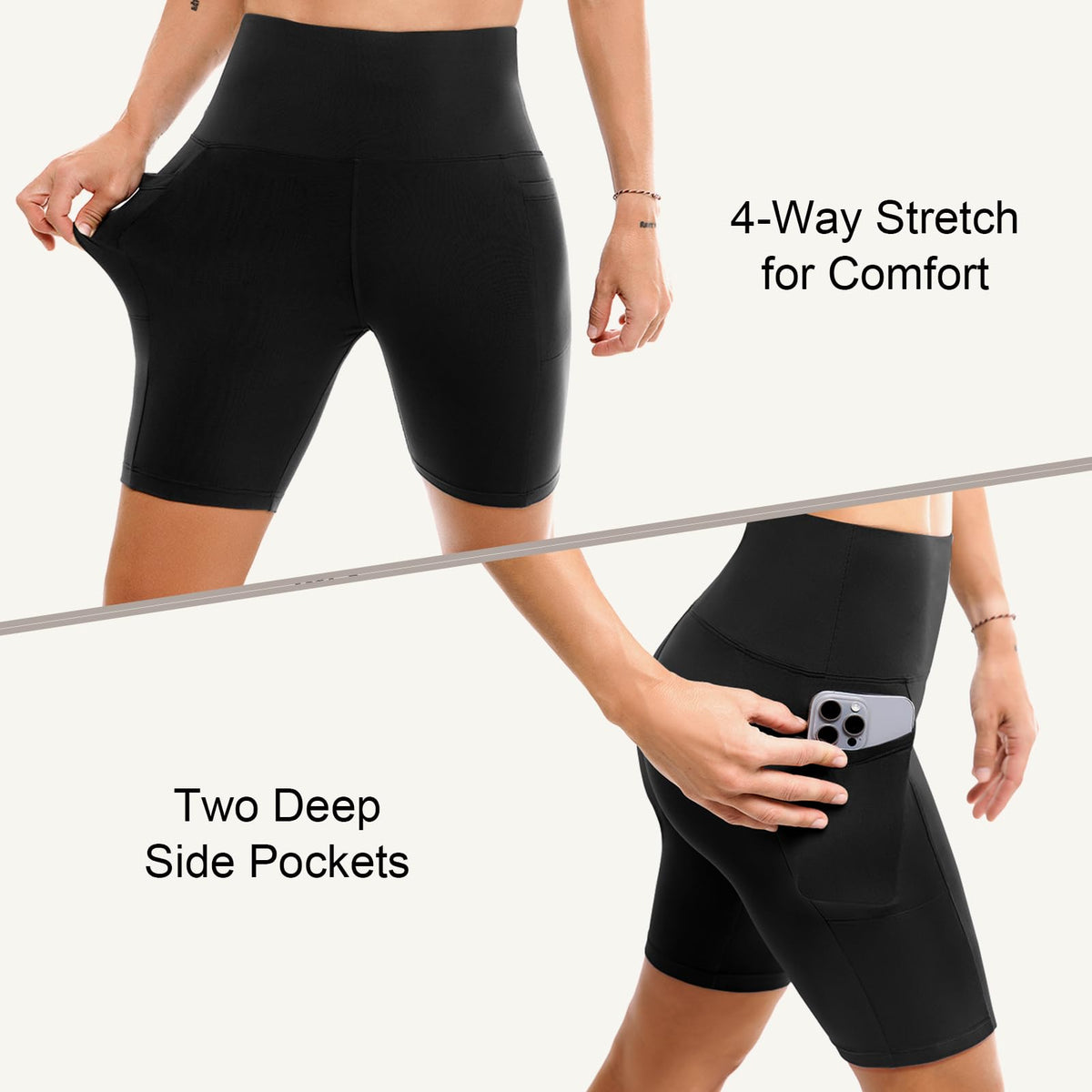 Leafigure 2 Pack Womens Biker Shorts with Pockets, High Waisted Tummy Control Yoga Shorts for Women Running Gym and Workout White/Beige L-XL