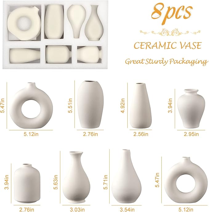 Ceramic Bud Vase Set of 8, Small Vase for Flowers, White Mini Bud Vase in Bulk for Centerpieces, Rustic White Ceramic Vase Set for Flowers, Room Décor, Wedding Party