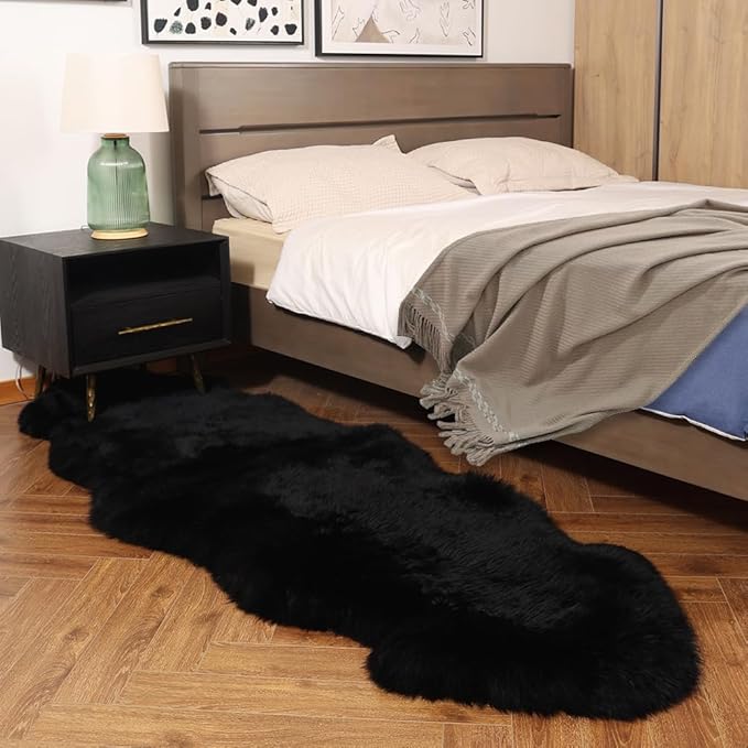 Premium Genuine Fur Sheepskin Rug Real Australia Sheepskin Natural Luxury Fluffy Lambskin Fur Area Rug Seat Covers for Kids Bedroom Sofa Chair Cover (Black, Double Pelt/2ft x 6ft)