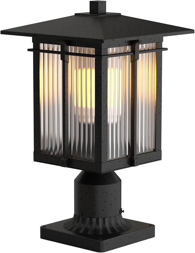 Modern Outdoor Post Light, Aluminum Lamp Post Light Fixture with Ribbed Glass, Soptted Black Outside Pole Lighting with 3-Inch Pier Mount Base for Yard Porch Pathway (15.8''H, 1 pc)