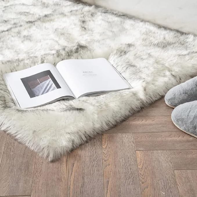 White and Grey Faux Fuzzy Fur Sheepskin Washable Area Rugs for Living Room 2x3 Boho Shag Nursery Rug Cute Home Décor