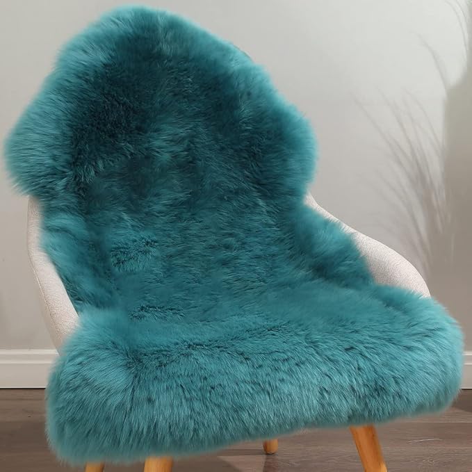 Premium Genuine Fur Sheepskin Rug Real Australia Sheepskin Natural Luxury Fluffy Lambskin Fur Area Rug Seat Covers for Kids Bedroom Sofa Chair Cover (Dark Aquamarine, Single Pelt/2ft x 3ft)