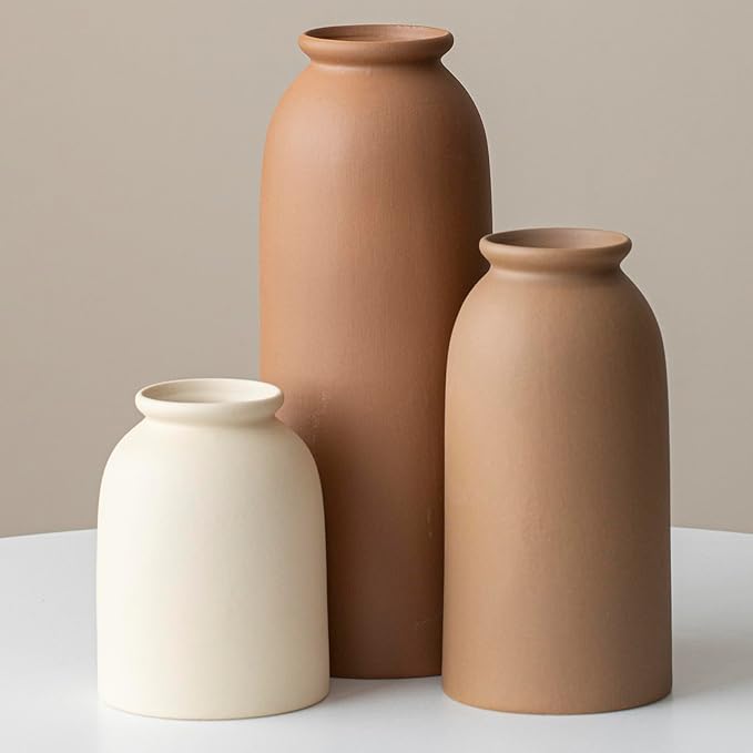 Large Decorative Ceramic Vase Set, 3 Pieces, Nordic Modern Boho Style, Earthtone Color Mix, Modern Farmhouse for Home Decor (XL Coffee Mix)