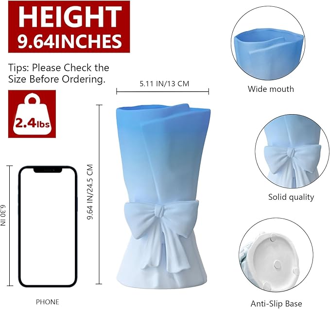 Gradient Blue White Ceramic Bow Vase 9.64 in Unique Cute Modern Decorative Bouquet Flower Vases for Home Living Room Table Decor Women Girl Gifts