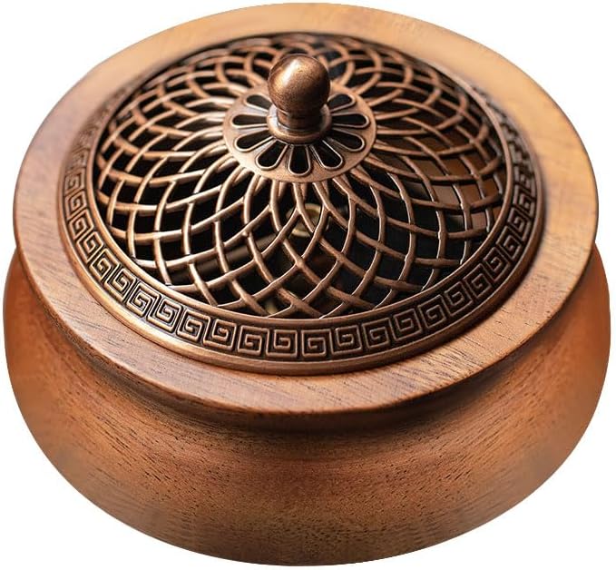 Round Wooden Incense Burner & Holder - 4" Handcrafted Natural Wood Censer with Alloy Lid, Heat-Resistant Tray for Sticks, Cones, Sage, Frankincense (Meditation, Yoga, Home Decor)