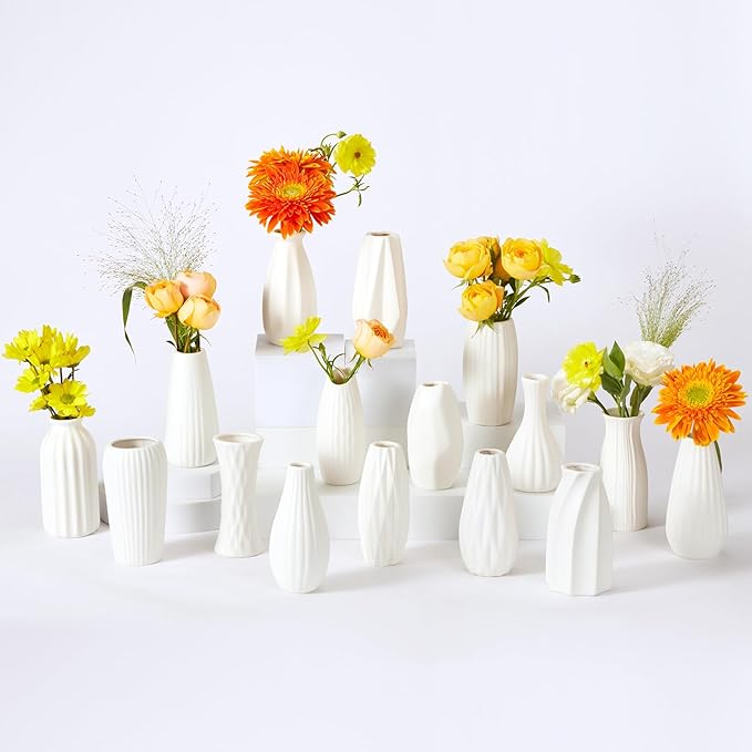 16packs Small White Ceramic Vases - Mini Flower Vases for Centerpieces, Boho Home Decor, White Bud Vase Set for Weddings Table Decor, Pampas Grass