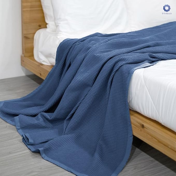 GOTS Certified Organic Cotton Waffle Weave Blanket, King Bed Size,108"X90" Cozy Throw Blanket for Couch, Modern Home Decor, Throw Blankets,Comfy Waffle Blanket Soft Bed Blankets-Navy Blue