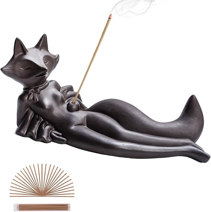 ChangWanna Incense Holder for Sticks - Funny Fox Insence Burner Ash Catcher, Cute Ceramic Insense Stand with 45 Sandalwood Incense Sticks for Aromatherapy/Yoga/Meditation/Home Living Room Office Décor