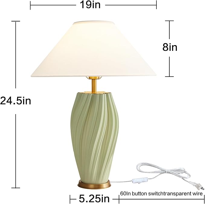 Modern Large Ceramic Table Lamps 24.5", Sage Green Plug in Table Lamp Decorative for Living Room Office Bedroom Bedside Nightstand (Textured)