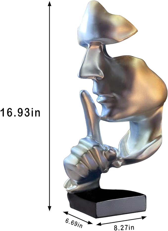 aboxoo Abstract Statues Silence is Gold Decorative Objects,Modern and Simple Resin Figurine,Desk Decoration for Office Home Piano Deco(Large Silver)