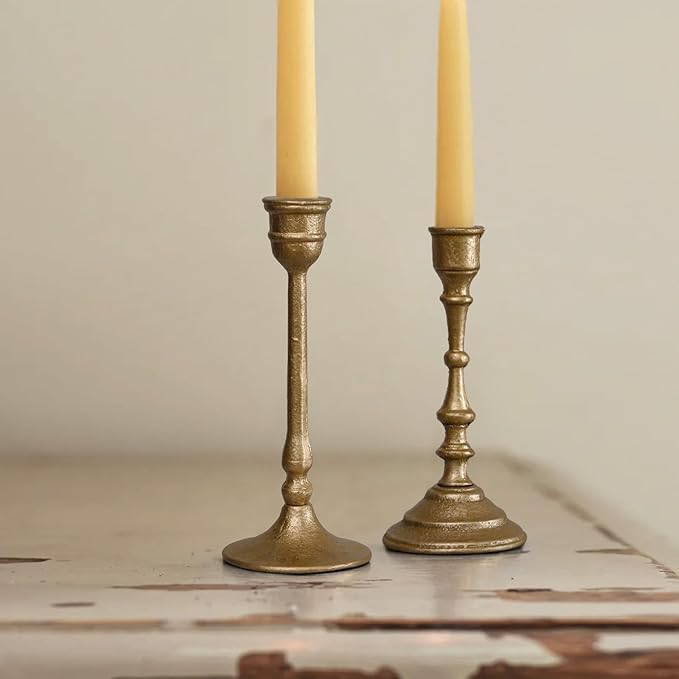 Iron Taper Candle Holder - Set of 2 Decorative Candle Stand - Candlestick Holder for Wedding, Dinning, Party - Antique Brass