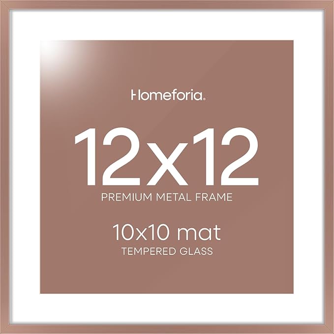 Homeforia Mocha 12x12 Picture Frames, High End Metal 12 x 12 Square Poster Frame with Mat 10 x 10 Photo, 12x12 Mocha Frame Matted to 10x10 Print, 12by12 Thin Frames, Tempered Glass, Wall Kit, Set of 1