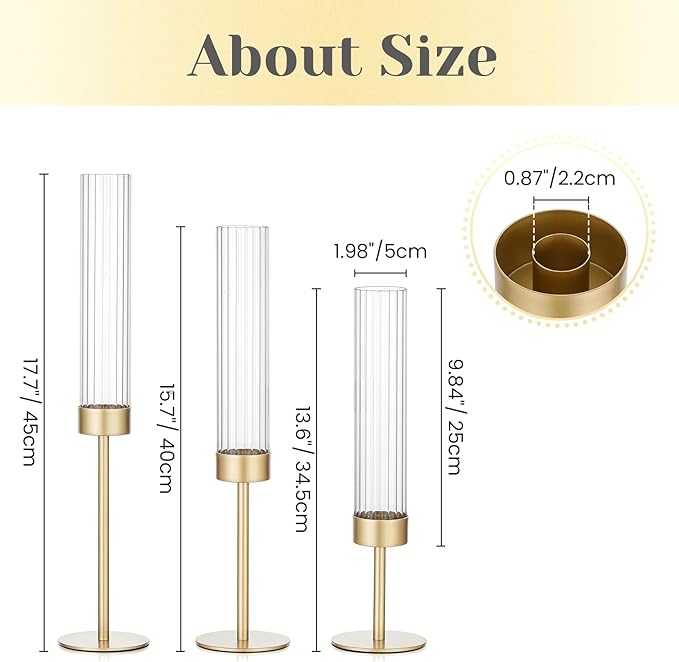 Hewory Gold Hurricane Candle Holders: Brass Candlestick Holders Set of 3 Tall Taper Candle Holders for Candlesticks Candle Sticks Holder Decor for Table Centerpiece Wedding Party Christmas Decorations