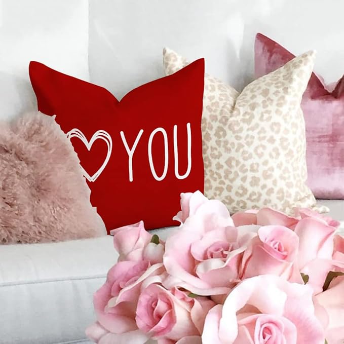 GEEORY Valentine's Day Pillow Covers 18 x 18 Inch Set of 4 - Red Black Stripes Love Heart I Love You Throw Pillows Decorative Cushion Cases for Valentine Decor