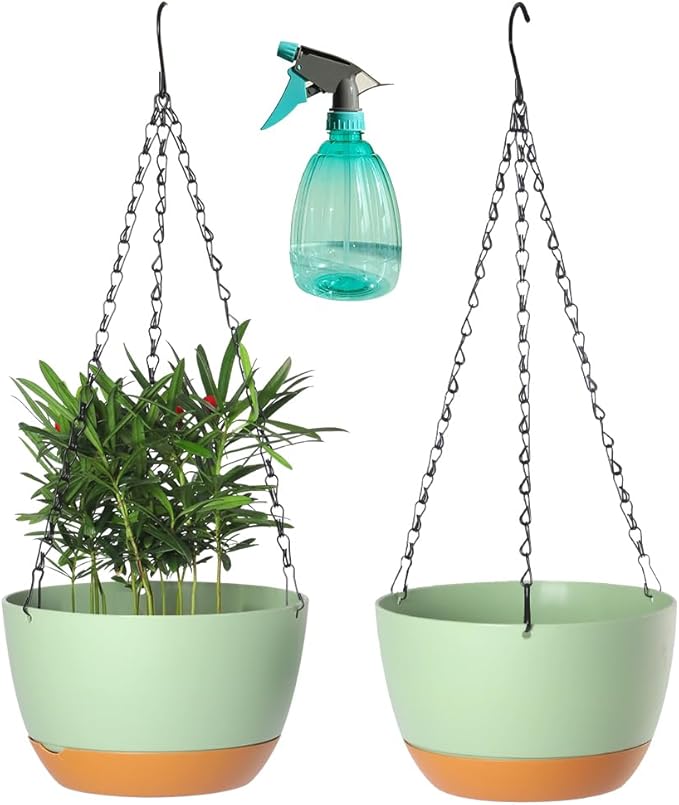 2 Pack Plastic Hanging Planters Set ,8.3 Inch Hanging Flower Plant Pot with Drainage Hole for Indoor Outdoor Plants, Round Hanging Basket with Removable Tray for Home Garden Porch Balcony Patio Decor