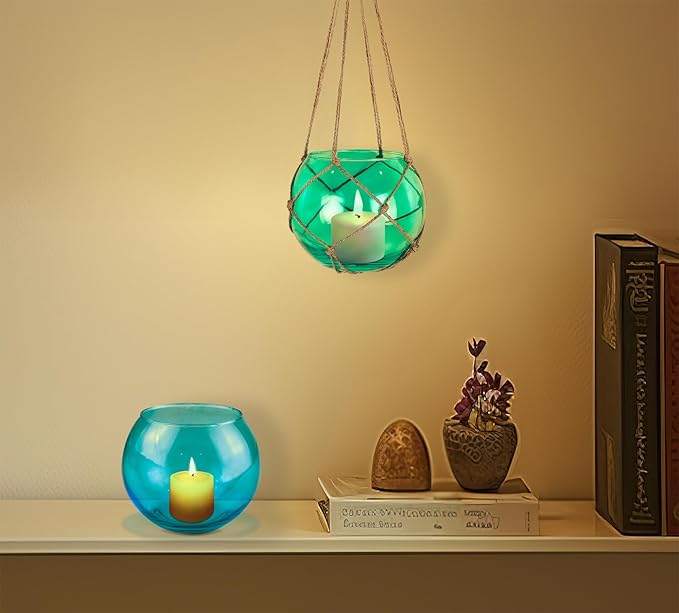 SAILINGSTORY Hanging Glass Plant Terrarium 5" Glass Planter Propagation Stations Flower Vase Blue and Teal Set of 2 Pack