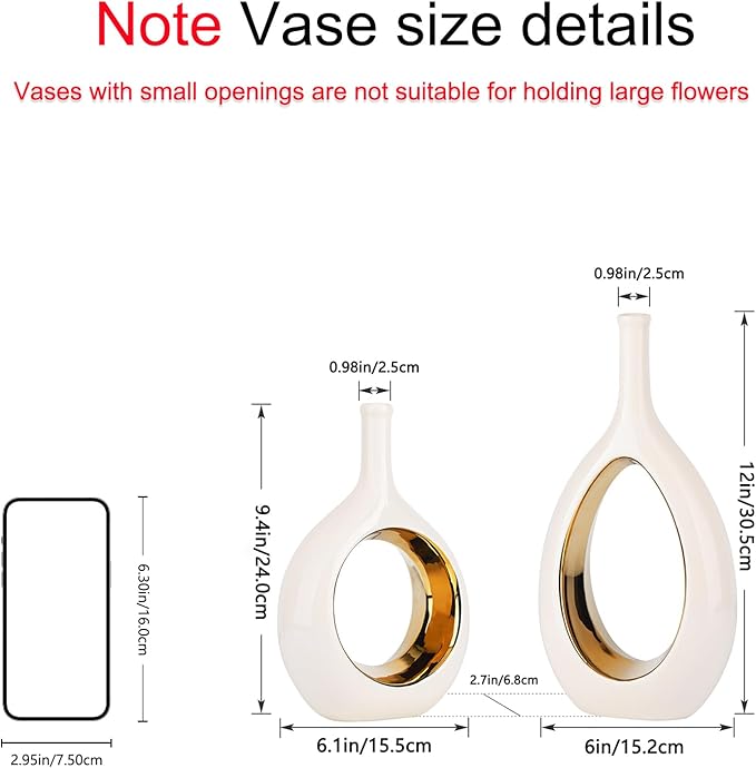 White and Gold Vase Ceramic White Vases Home Decor,Modern Minimalist Circle with Hole Decorative Vase, Hollow Ellipse Flower vases for Bookshelf, Fireplace Mantle, Centerpieces,Farmhouse,Rustic Décor