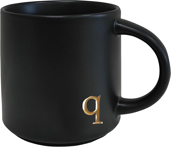 COLLECTIVE HOME - Black Monogram Ceramic Mugs, 15 oz Golden Initial Coffee Cups, Elegant Alphabet Tea Mugs, Personalized Halloween Mug with Gift Box, Perfect for Office and Home Décor (q)