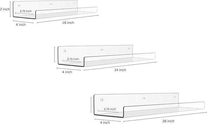 Rebecca Luxurious Acrylic Floating Shelves for Wall - 2 Pack of 16" x 2" x 4" - 5mm Thick Clear Book Shelf for Bathroom, Bedroom, Nursery, Kids Room with Easy Installation Hardware – Cute Bookshelf