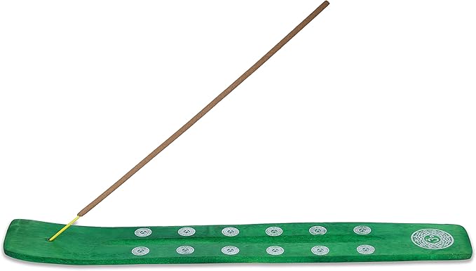 Bless-International Traditional-Handmade-Burner Wooden-Incense-Stick-Holder Ash-Catcher-Stand for-Aromatherapy-Meditation-Yoga (Earth Green) 10 Inches, Pack of 1