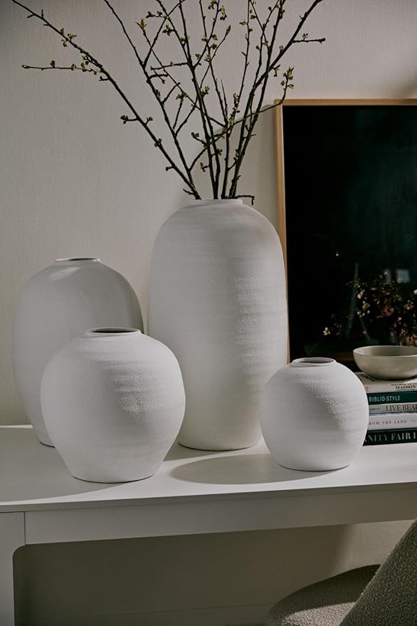 Crystal Modern Vase, Textured Round Belly Concrete Vase in Black or White, Available in Medium and Large Sizes, Decorative Accent for Floral Arrangements and Home Décor (White, Large)