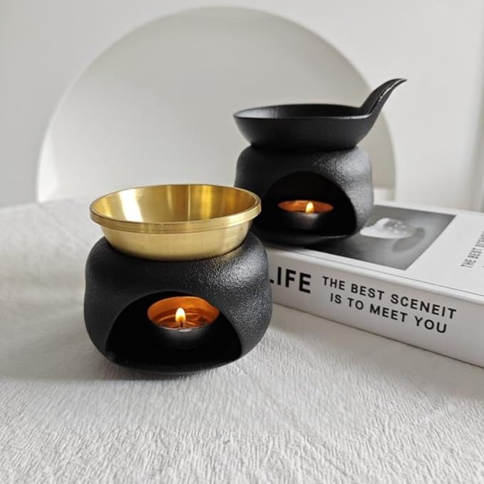 Delicate Romantic Metal Tealight Candle Holder Oil Tart Burner Aroma Diffuser Furnace Home Decoration Split Copper Plates Can Be Dry Burned Black Gold