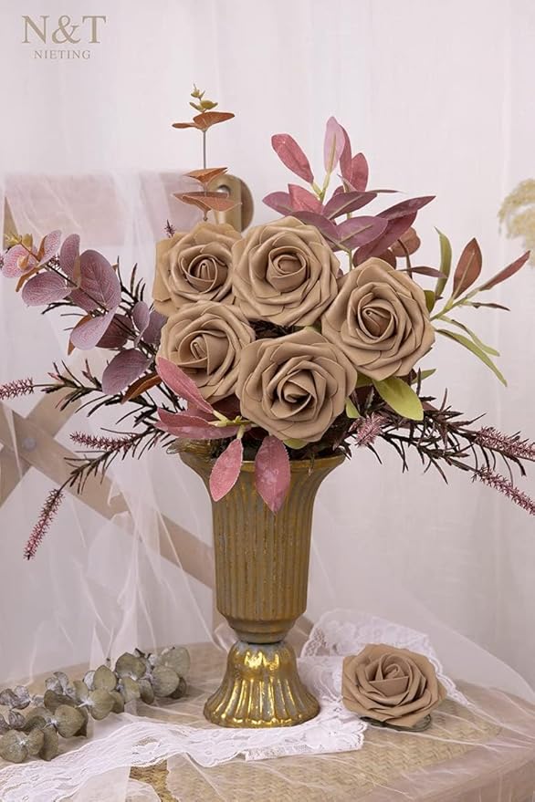 N&T NIETING Brown Roses Artificial Flowers, 25pcs Fake Flowers Bulk Perfect for DIY Fall Wedding Bridesmaid Bridal Bouquets Centerpieces Party Home Flower Arrangement Decoration Light Brown