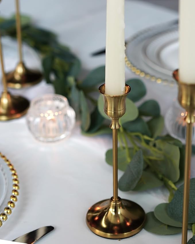 Willceka Gold Candlestick Holders, Taper Candle Holders, Set of 6 Brass Candle Holder Set, Vintage Table Centerpiece for Wedding Christmas Holiday